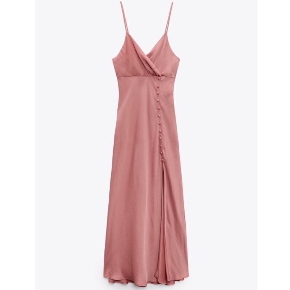 BLOGGERS FAVE! ZARA SATIN EFFECT Buttoned Slip Midi Dress Dusty Pink